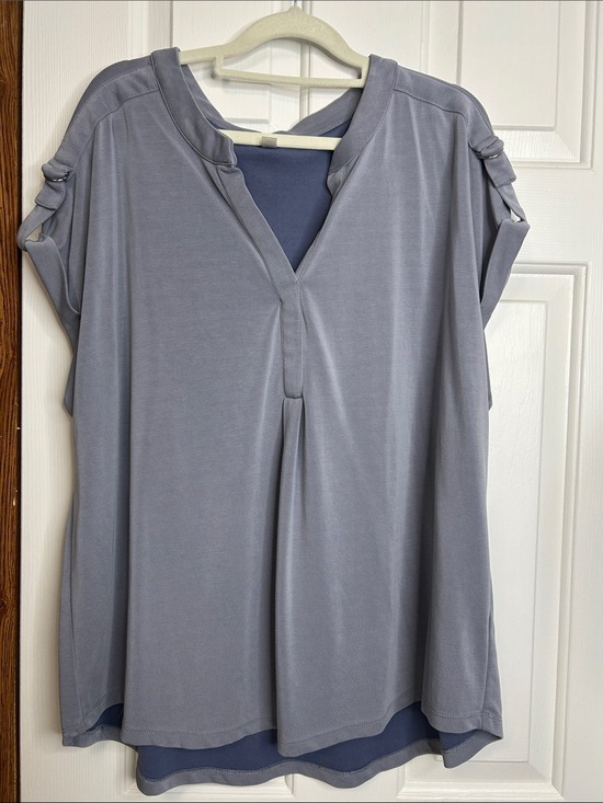 CG Sport Tops - CG Sport Relaxed V-Neck Short Sleeve Blouse in Dusty Blue Gray